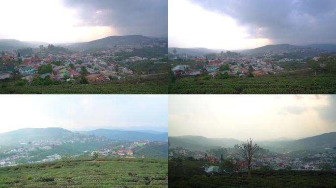 高地的俯视图早晨，山谷中布满了奇幻的雾