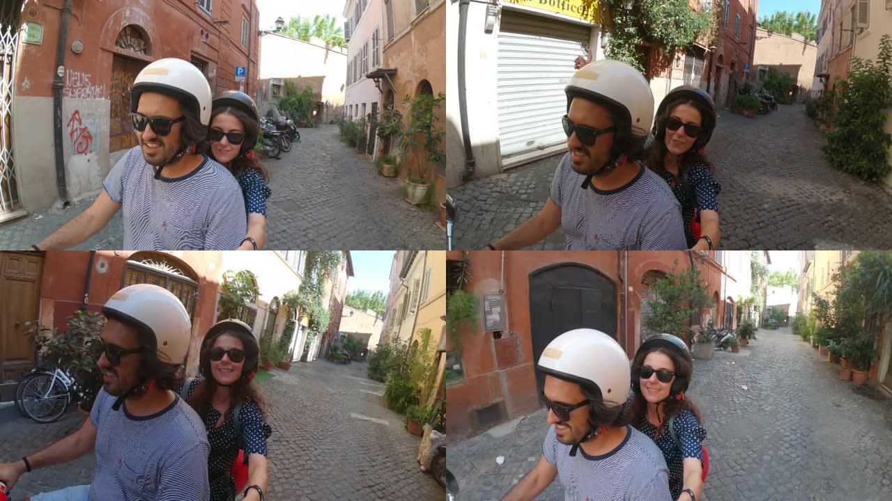 年轻夫妇在意大利罗马骑红色摩托车时录制视频