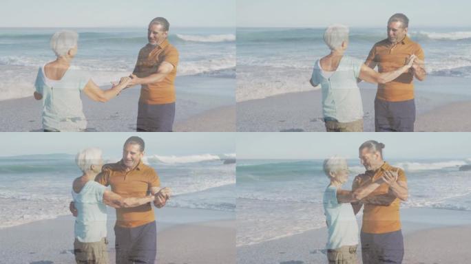 在海边跳舞的幸福高级夫妇的肖像上发光的动画