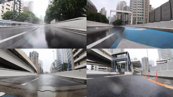 雨天在高速公路上行驶。向后看