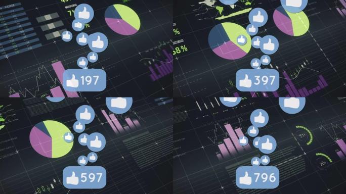 社交媒体的动画，如图标和数字上升，以及图形和图表上的数据处理