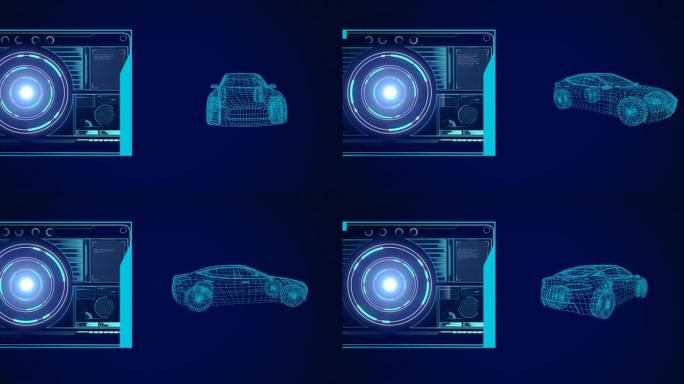 3d汽车绘图、示波器扫描和数据处理的动画