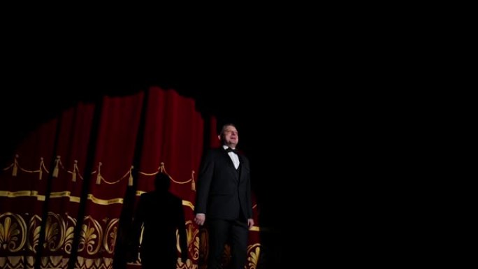 舞台上的男性表演者。穿着优雅西装的演员在剧院表演。喜剧演员出现在现场。黑暗背景上的光斑。