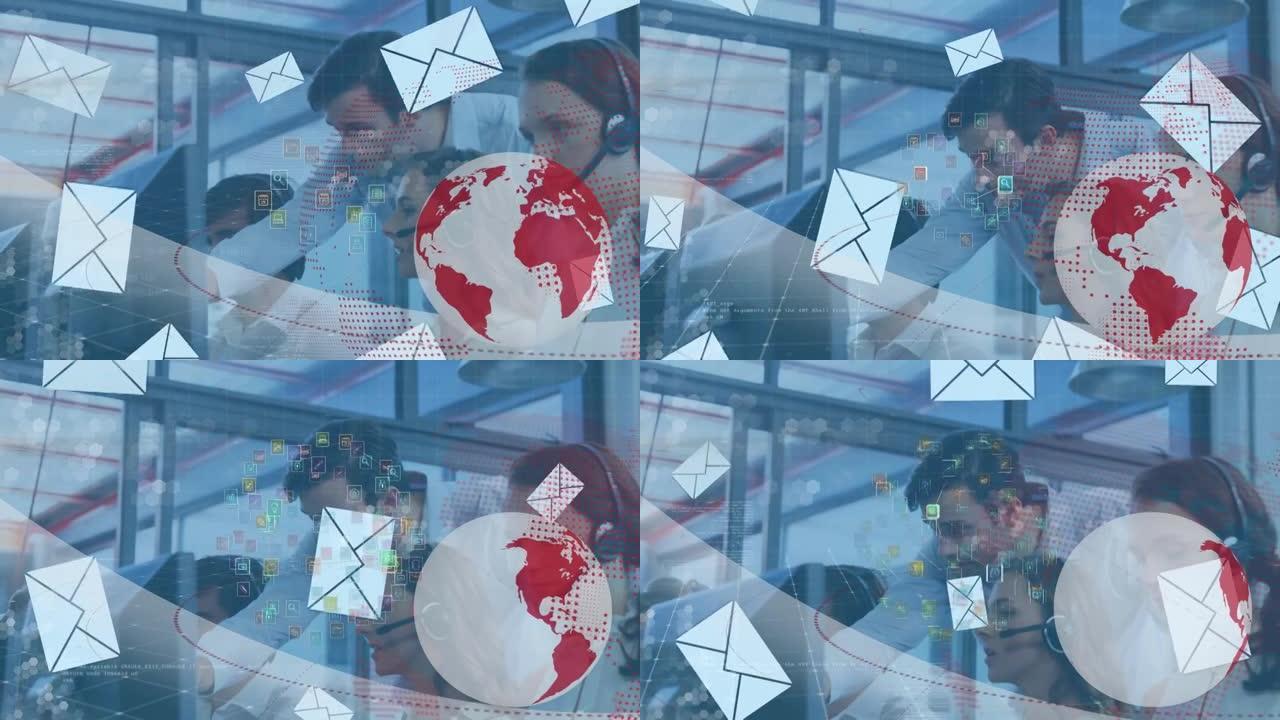 使用计算机在商务人士上的连接和信封网络的globe动画