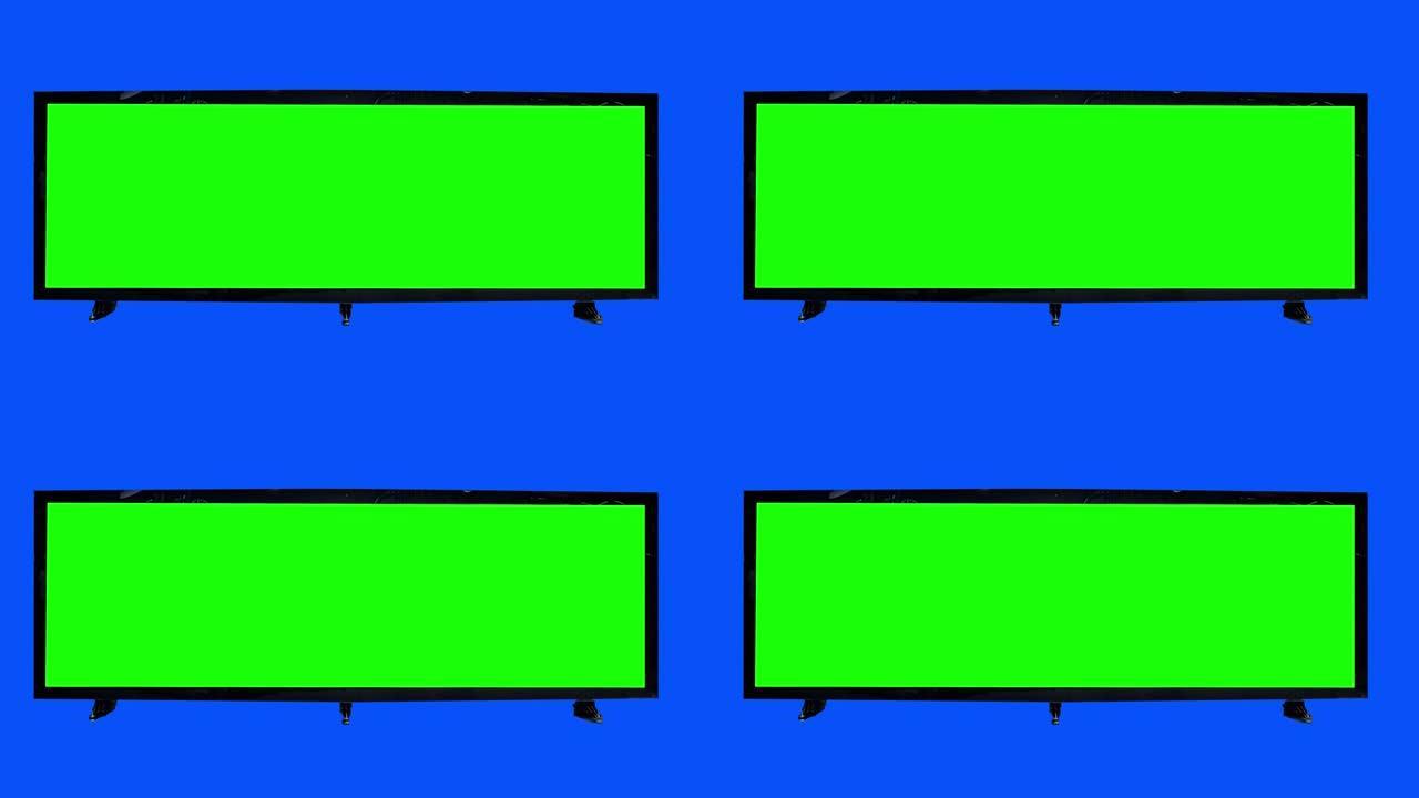 Choma key，3D广告牌模型。绿屏空白横幅，蓝屏背景。几个空木板。