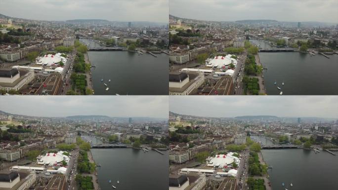 瑞士雨天苏黎世市湖滨著名广场空中全景4k