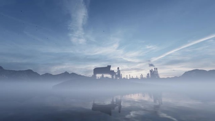 钢琴在被水，山和晨雾包围的孤岛上表演，4K