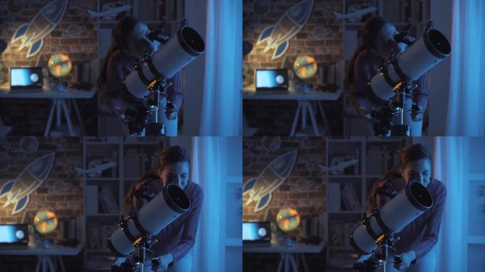 年轻女子晚上用望远镜看星星