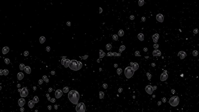 黑色背景上漂浮的透明气球升起和五彩纸屑落下的动画