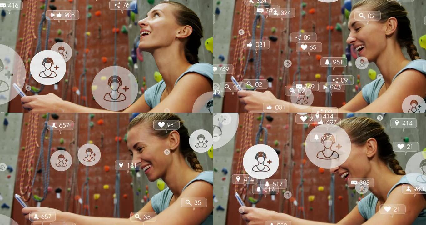 社交媒体图标在健身房使用智能手机漂浮在白人女性身上
