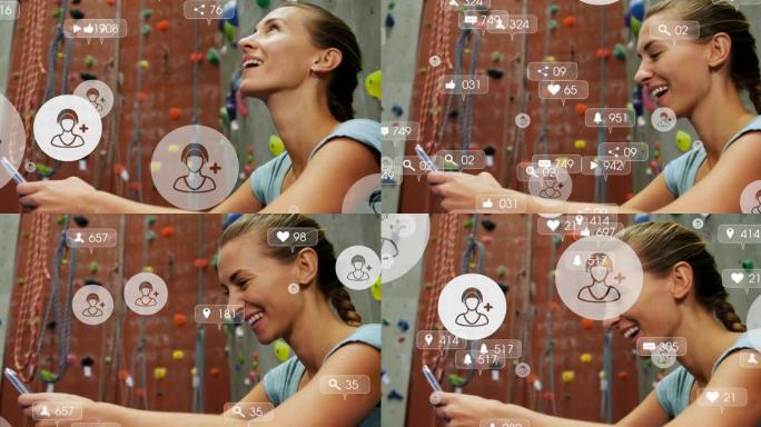 社交媒体图标在健身房使用智能手机漂浮在白人女性身上
