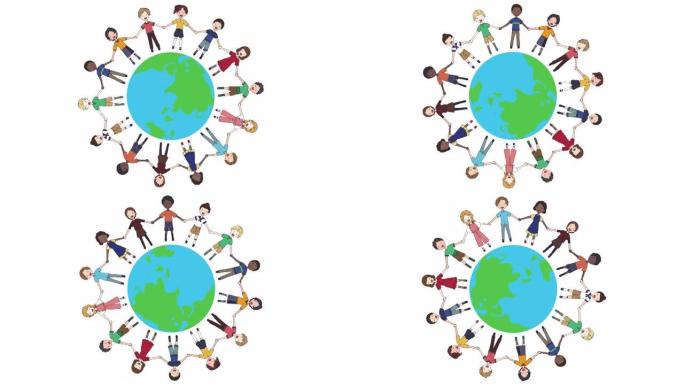 循环动画材料，各个种族的孩子手牵手并围绕地球形成环