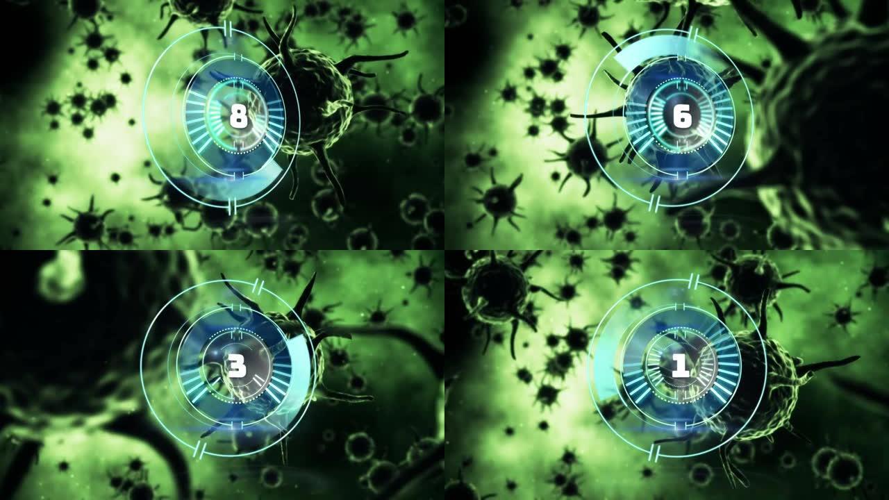 圆形扫描仪在covid 19细胞上旋转的动画，绿色