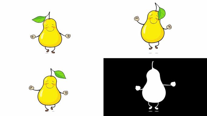 跳舞的梨。美味成熟的黄色水果。卡通人物。动画。