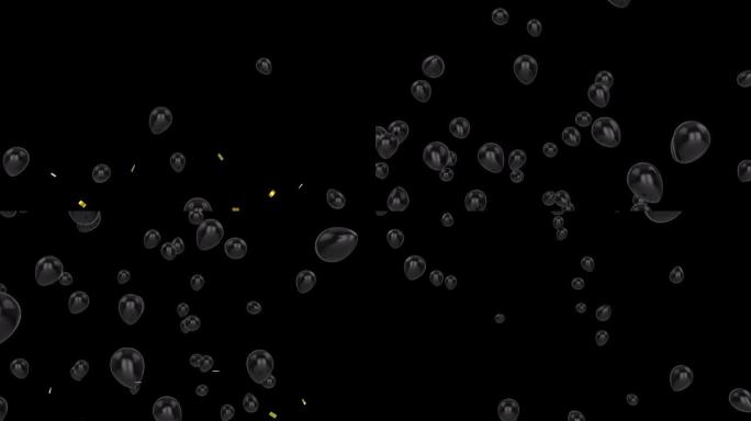 黑色气球漂浮和金色五彩纸屑落在黑色背景上的动画