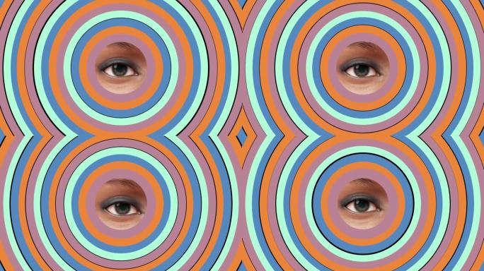 编织扁平彩色圆圈的女性眼睛，抽象概念视频，3D渲染