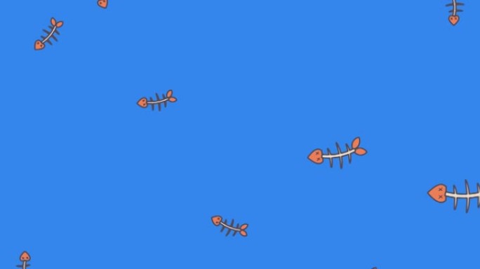 蓝色背景上漂浮的多个鱼骨架的动画
