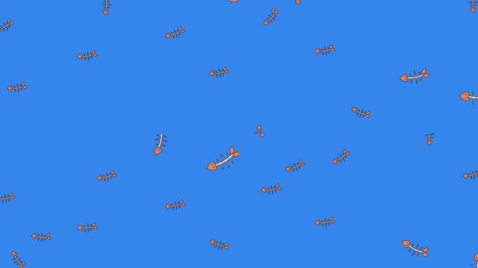 蓝色背景上漂浮的多个鱼骨架的动画