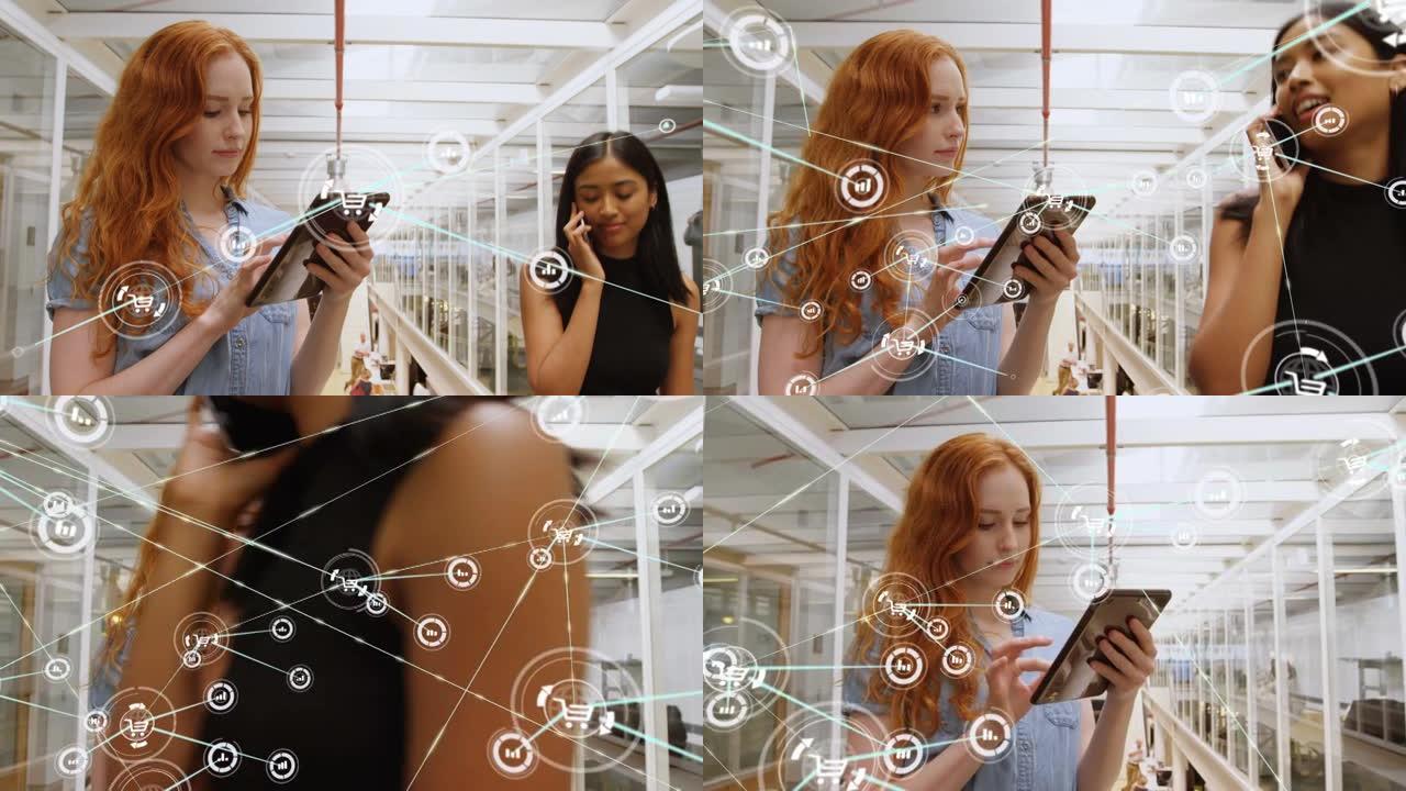 使用平板电脑和智能手机通过女商人的图标连接网络动画