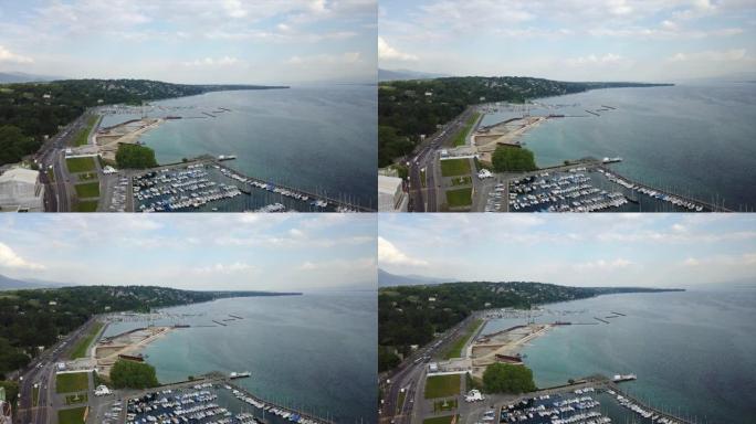 瑞士日间日内瓦湖湾游艇码头空中全景4k