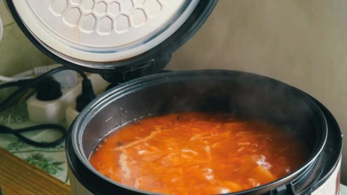 蔬菜番茄汤或罗宋汤在多罐中沸腾。素食