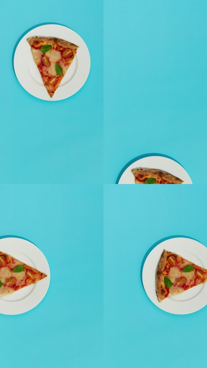 平放顶视图比萨饼切成盘子在蓝色桌子上移动停止运动动画