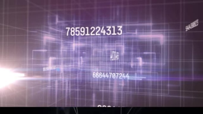 紫色背景上网格上发光的数字变化和数据处理的动画