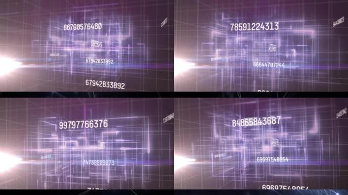 紫色背景上网格上发光的数字变化和数据处理的动画