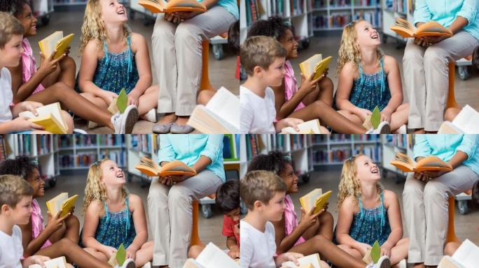 微笑的小学生坐在地板上听老师阅读的动画