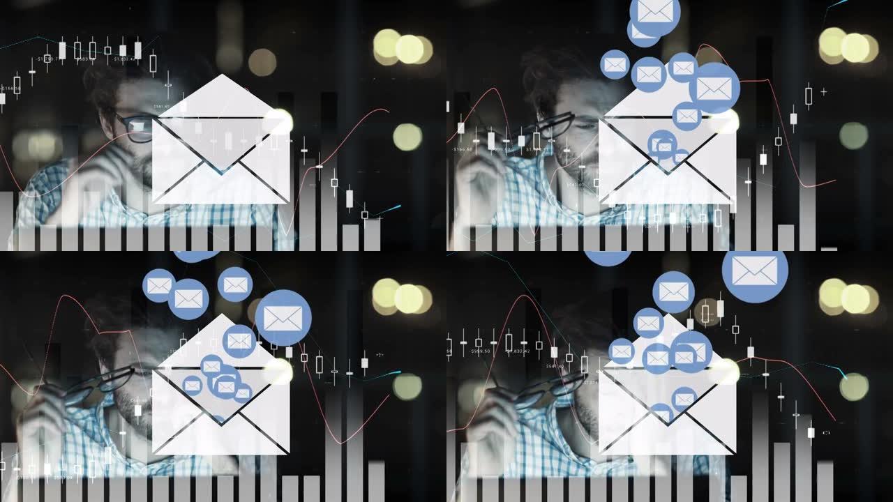 电子邮件信封图标的动画漂浮在使用计算机的图形和人的数据处理上