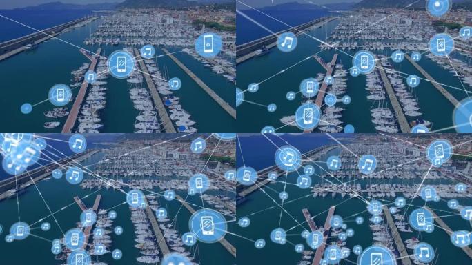 码头上带有图标的连接网络动画