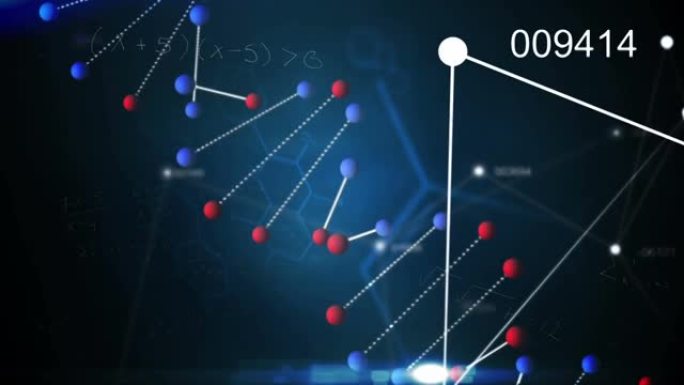 dna链和数字变化的动画，蓝色背景上的医学数据处理