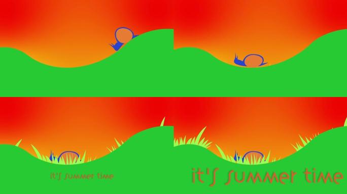 一只蜗牛在新鲜的草地上滑倒。彩色卡通动画。
