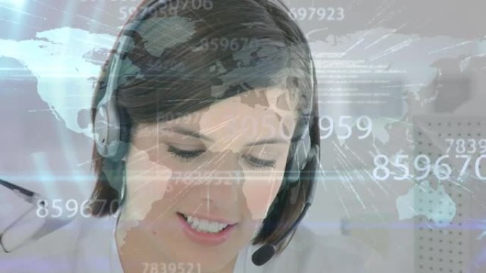 戴着手机耳机的女商人上的图标连接网络动画