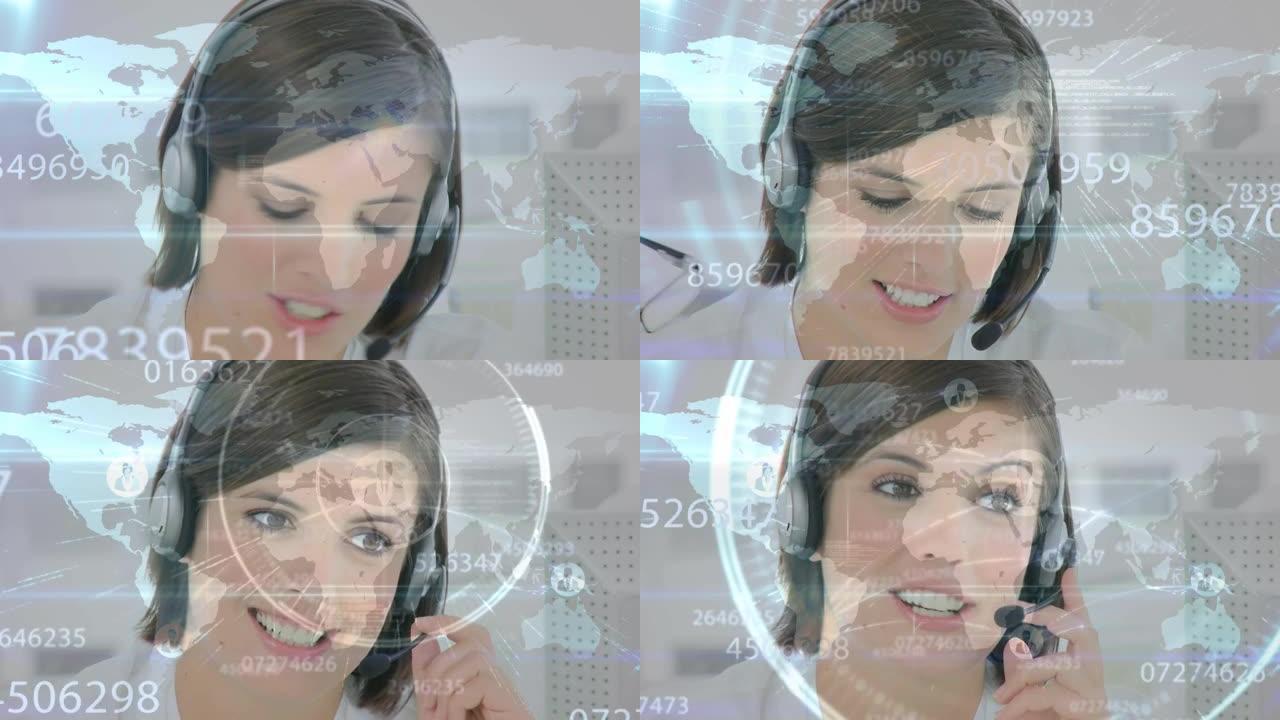 戴着手机耳机的女商人上的图标连接网络动画