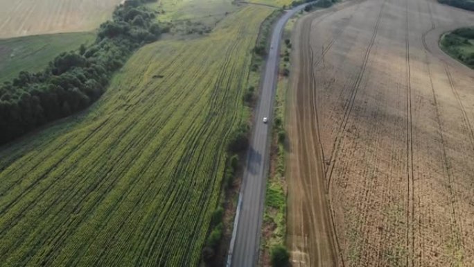 4k视频空中无人机拍摄了一条直线道路，两辆汽车在农田之间经过