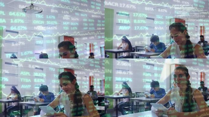 在课堂上使用数字平板电脑对女孩肖像进行股票市场数据处理