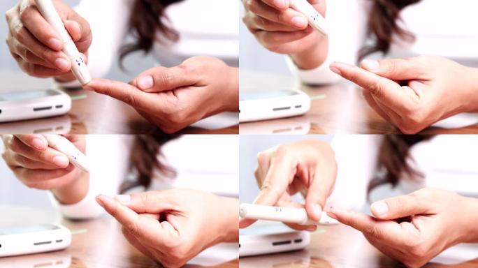 妇女用柳叶刀笔在手指上用血糖仪检测血液中葡萄糖的浓度。世界糖尿病日概念，血糖，低血糖，高血糖，胰岛素