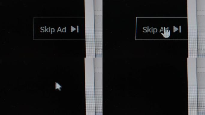 跳过方框中的广告按钮，跳过广告按钮标志。孤立在黑色背景和计算机光标点击它以跳过广告