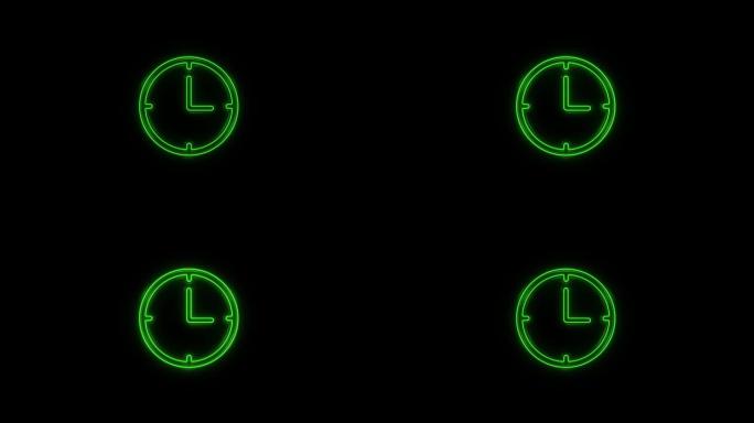 发光霓虹灯线时钟图标隔离在黑色背景上。时间符号。4K