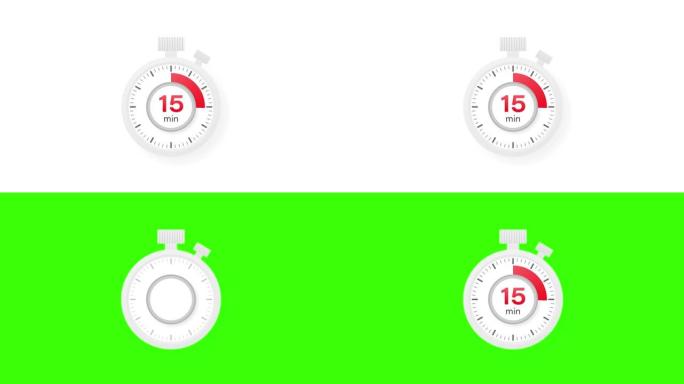 15分钟计时器。平面样式的秒表图标。运动图形。