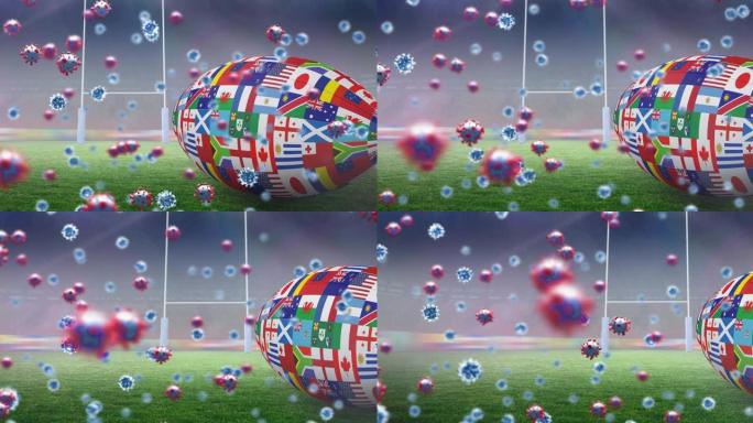 在橄榄球球场上用旗帜形成的橄榄球球上的covid 19细胞的动画