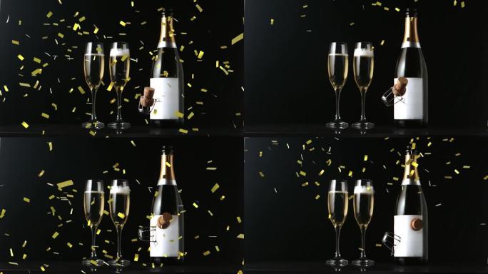 金色五彩纸屑和香槟软木塞掉落的动画，带有香槟瓶和玻璃杯，黑色