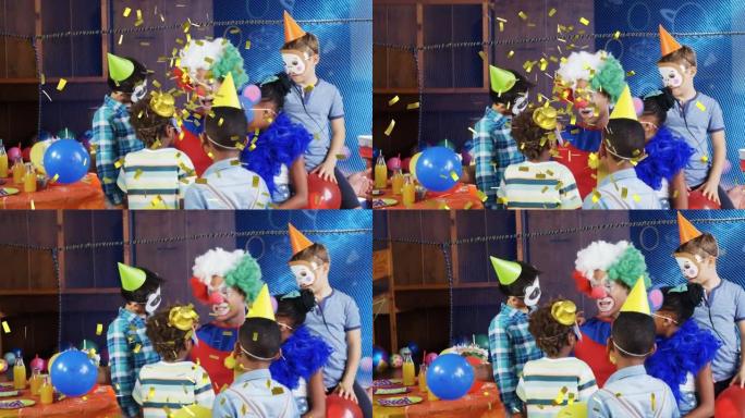 金色五彩纸屑的动画在各种快乐的孩子和小丑在派对上玩得开心