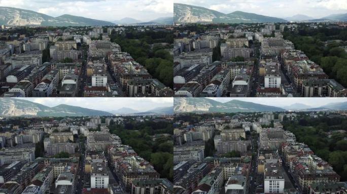 瑞士白天日内瓦城市景观山背景空中全景4k