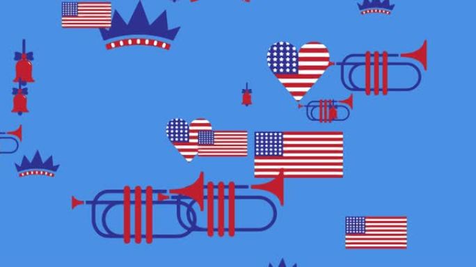 在蓝色背景上移动的美国国旗和独立日图标的动画