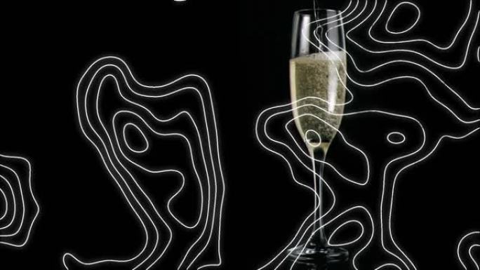 香槟倒入玻璃的动画，黑色背景上有移动的地形图