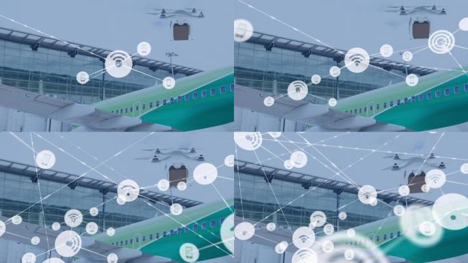 无人机上连接网络的动画与城市景观上的包裹