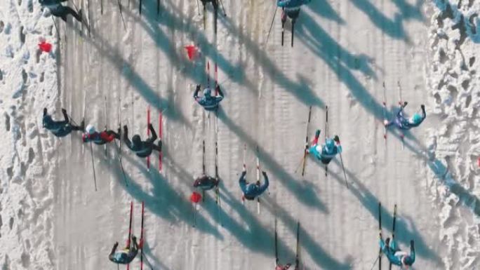 冬日滑雪比赛。空中射击滑雪马拉松