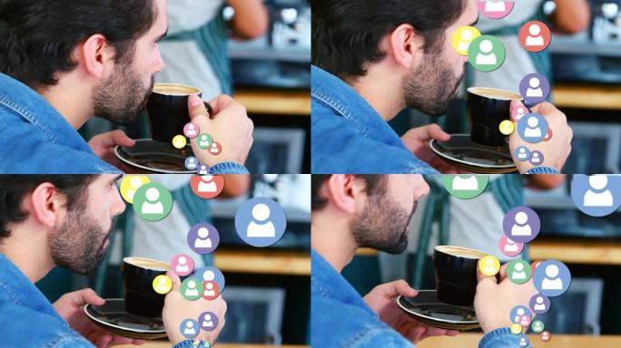 男人喝咖啡的社交媒体图标和数字动画